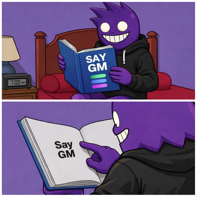 The image features two cartoon illustrations of a person reading a book titled "Say GM" while sitting on a bed or couch, with a clock visible in one of the illustrations. The text "Play by Ditcoin in the final phase to launch our memecoin #solana @solana" is also present in the image. This post seems to be related to the concept of a digital coinage system and the release of a new coin, as indicated by the phrase "Say GM".