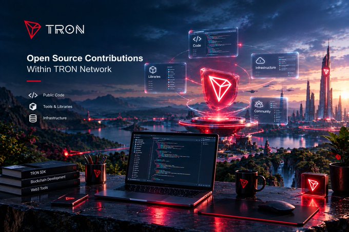 Promotional graphic for TRON titled 'Open Source Contributions Within TRON Network,' highlighting categories like Public Code, Tools & Libraries, and Infrastructure, with a laptop displaying code in front of a futuristic cityscape.