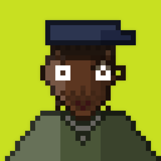 A pixel art character depicting a Black man wearing a blue cap and green shirt against a bright yellow background.