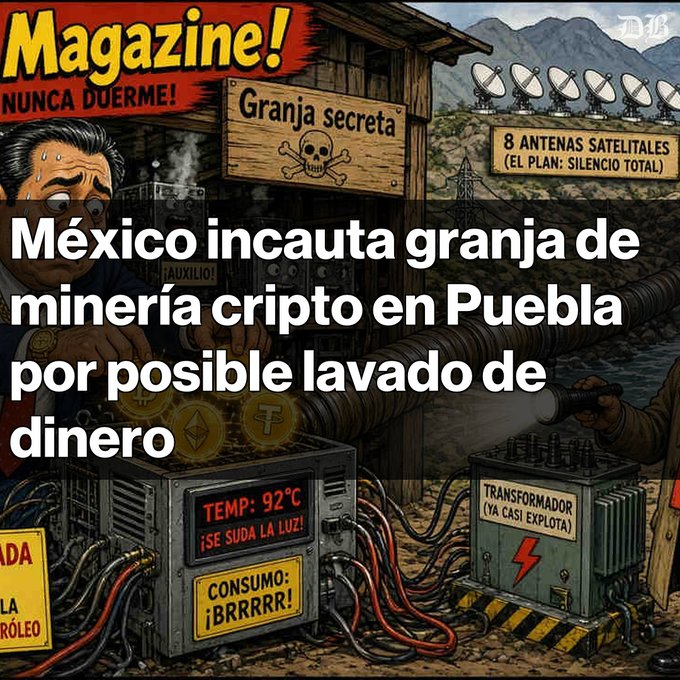 A cartoon illustration of a clandestine crypto mining operation labeled 'Granja secreta' with overheating equipment, accompanied by Spanish text about Mexico seizing a crypto mining farm in Puebla for possible money laundering.