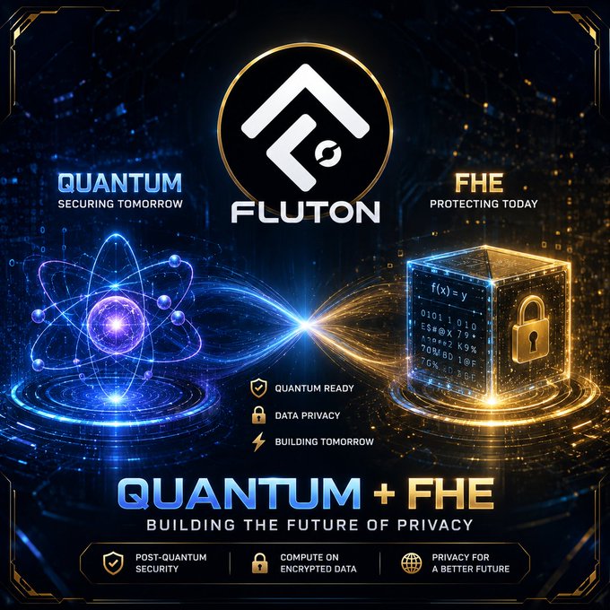 A promotional graphic for 'FLUTON' featuring a central logo flanked by 'QUANTUM SECURING TOMORROW' (with an atom illustration) and 'FHE PROTECTING TODAY' (with a locked data cube), promoting 'QUANTUM + FHE: BUILDING THE FUTURE OF PRIVACY'.