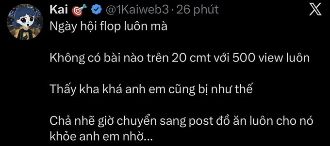 A screenshot of an X (Twitter) post by @1Kaiweb3 containing Vietnamese text discussing low engagement on posts and a plan to switch to food pictures.