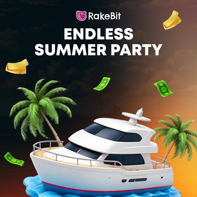 A promotional graphic for Rakebit's "Endless Summer Party" featuring a 3D-rendered white yacht on tropical waters flanked by palm trees, with gold tickets and green dollar bills floating against a sunset sky, capturing the luxury vacation vibe of the VIP early-access event.