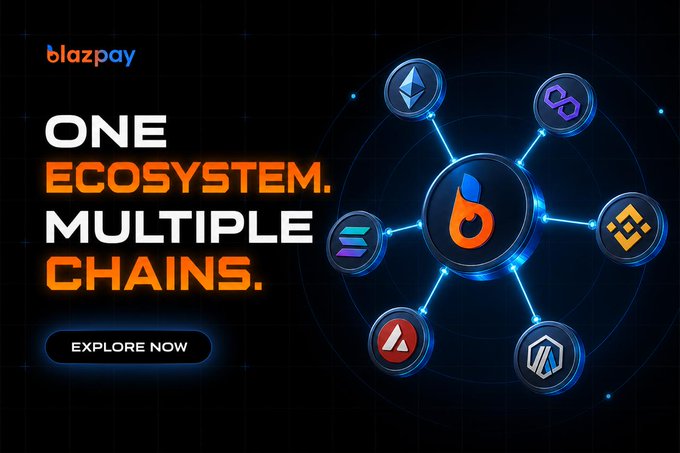 A promotional graphic for 'blazpay' reading 'ONE ECOSYSTEM. MULTIPLE CHAINS.' with an 'EXPLORE NOW' button and surrounding cryptocurrency icons.