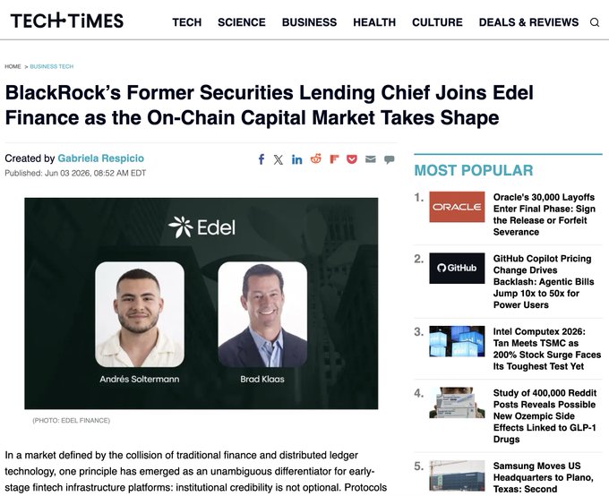 Brad is featured prominently in the image, with his face clearly visible against a dark background. The image also includes text that reads "The deeper look is here" and "Read below". This suggests that there might be more information or context related to Brad's role within Edel's move into equity finance infrastructure.