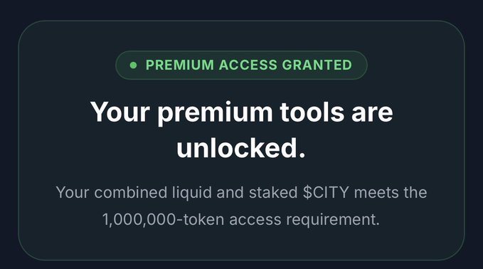 A notification confirming premium access to AlphaCity_AI's gated trading tools on Sui, indicating the user's $CITY holdings have met the 1,000,000-token requirement. The badge illustrates the utility of holding $CITY tokens, aligning with the post's point about the project's focus on delivering functional tools like signals, dashboards, and portfolio analysis for larger holders.