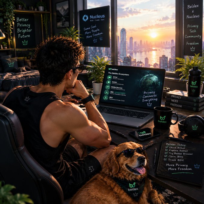 Digital artwork showing a man with a golden retriever dog at a desk with a laptop displaying the 'beldex' ecosystem, featuring privacy-related slogans.