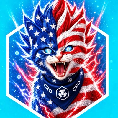 A stylized illustration of a fierce cat with American flag-themed fur (stars and stripes), blue eyes, and a blue 'CRO CRO' bandana, set against a hexagonal blue background with lightning effects.