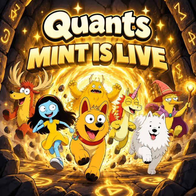 A cartoon-style illustration features a lively group of characters—including a moose, blue-skinned girl, fluffy dogs, a wizard, and unicorns—charging through a glowing golden portal beneath the bold title text "Quants MINT IS LIVE," visually announcing the launch of the QUANTS NFT mint with mystical and adventurous energy matching the post's call to action.