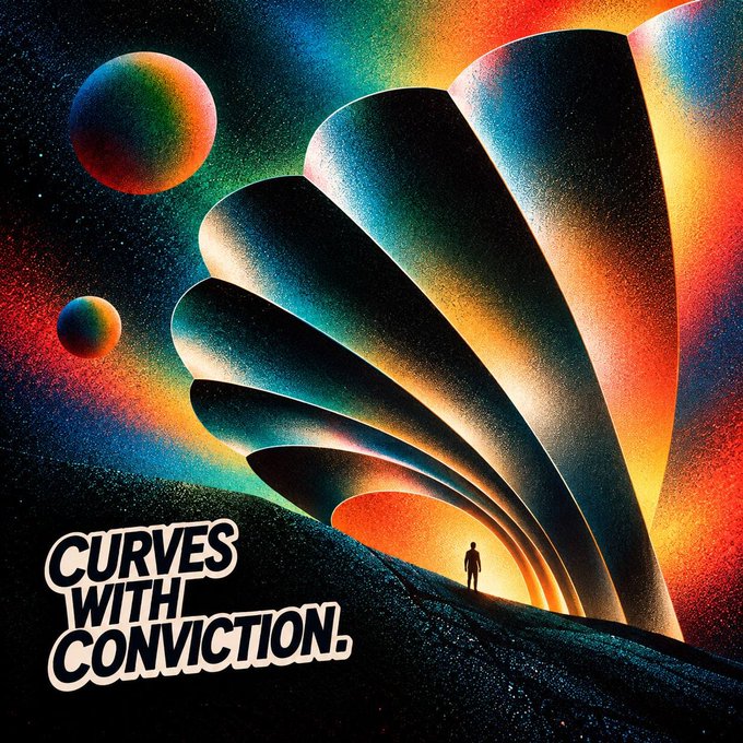 A colorful retro-style sci-fi illustration of a silhouetted figure standing before curved metallic structures and planets under a rainbow nebula, with text "CURVES WITH CONVICTION."