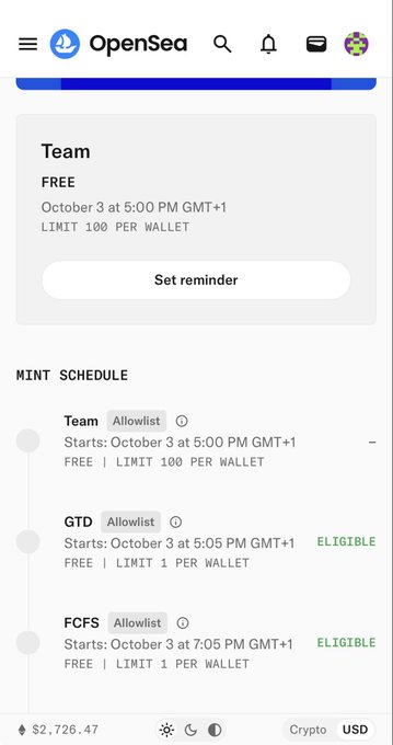 An OpenSea mobile app screenshot showing a mint schedule for 'Team' (free, limit 100 per wallet) starting October 3 at 5:00 PM GMT+1, along with GTD and FCFS allowlist mints, with a wallet balance of $2,726.47.