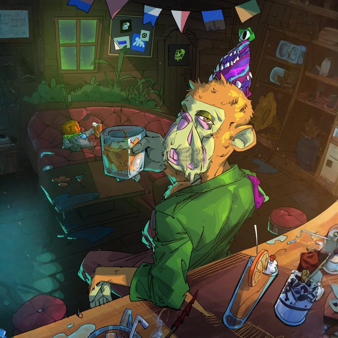 The image features a cartoon monkey sitting at a bar, holding a drink in one hand and a plate of food in the other. The background includes a couch, dining table with chairs around it, and various items such as cups, bowls, and cakes on display. The image also contains text that reads "GMGM! Happy Mutant Monday".
