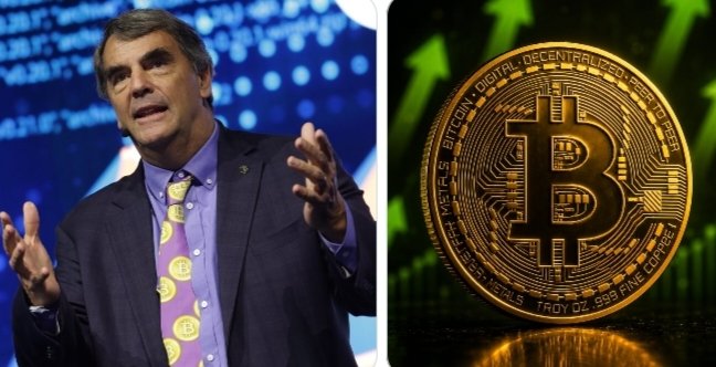 Billionaire Tim Draper, shown gesturing on the left in a suit and bitcoin-themed tie, stands beside a gold Bitcoin token engraved with "BITCOIN DIGITAL DECENTRALIZED PEER TO PEER" and "TROY OZ 999 FINE COPPER," visually reinforcing his bold $250,000 price prediction for the leading cryptocurrency.