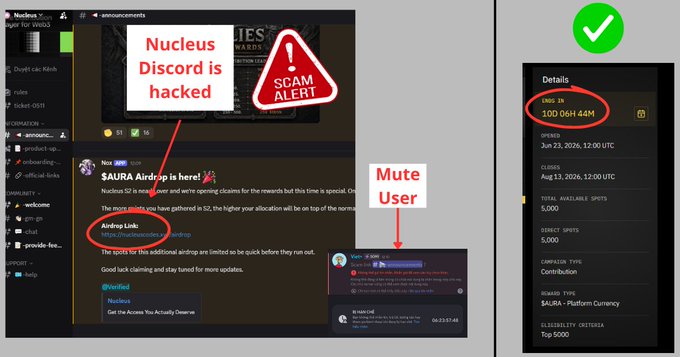 A Discord scam alert warning about a fake 'AURA' airdrop, showing screenshots of a hacked channel with instructions to mute the user and noting that the legitimate AMO IN ended 10D 06H 44M ago.