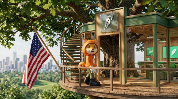 A 3D rendered treehouse scene featuring a fox-like character in an orange hoodie, an American flag, and modern interiors overlooking a city skyline.