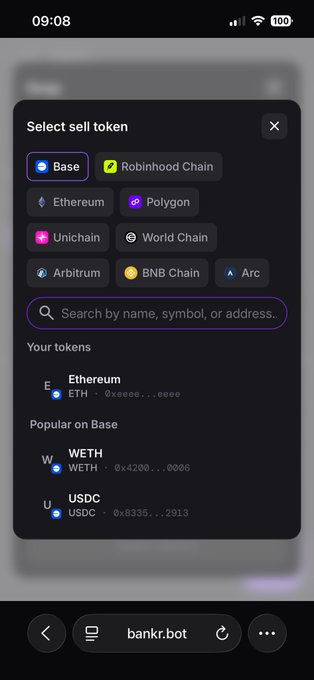 A mobile screen displays a "Select sell token" menu on bankr.bot, showing blockchain options including Base, Robinhood Chain, Ethereum, and Polygon, with tokens like ETH, WETH, and USDC listed under "Popular on Base."