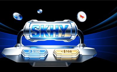 A digital graphic with the text "SKHY" prominently displayed on a blue metallic container, with buttons showing "$166" and floating icons of Bitcoin, Ethereum, and Monero above it.