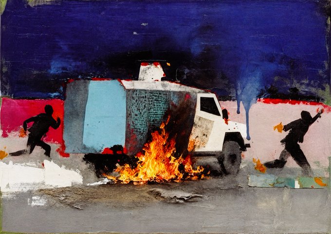 A mixed-media artwork showing an armored vehicle engulfed in flames with silhouetted figures running on either side, set against a deep blue sky with pink and red elements.