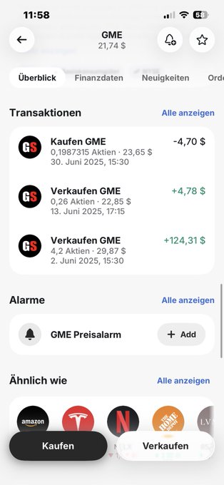 The image shows a phone screen displaying a list of transactions, including one for Gme. The text on the screen reads "Keine Ahnung ob gme short geht oder long start bin daaber geil drauf eben gesehen halte die ewig schon den Rest". This translates to "Current transaction: Gme".