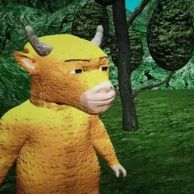 A low-resolution 3D rendering of a yellow, humanoid bull character standing in a grassy area with trees in the background.