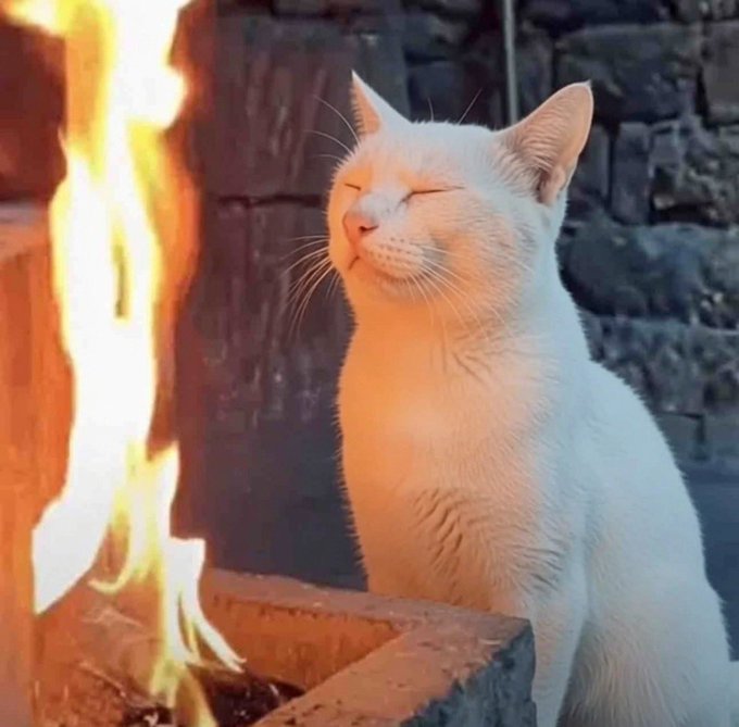 A white cat sits serenely with its eyes closed, warming itself beside a bright, flickering fire against a stone wall background.