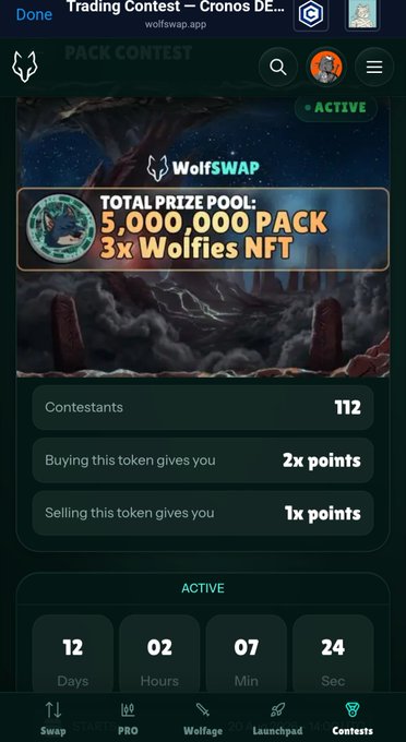 A mobile app screenshot of the WolfSWAP Trading Contest on wolfswap.app showing a total prize pool of 5,000,000 PACK plus 3x Wolfies NFT, with 112 contestants, point multipliers for buying/selling tokens, and a countdown timer showing 12 days, 02 hours, 07 minutes remaining.