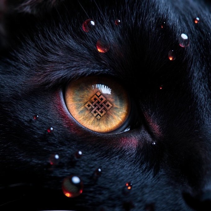 The image features a close-up view of a black cat's eye with a gold geometric design, possibly a cuneiform symbol or an intricate pattern. The cat has its eye open, allowing for a clear view of the eye's iris and pupil. The background is dark, which contrasts with the bright eye color and highlights the eye's details. The image also contains text that reads "Ritual — AI + Blockchain Ritual" and "AI+ blockchain ritual", suggesting an interesting connection between the cat's eye design and a project involving artificial intelligence and blockchain technology.