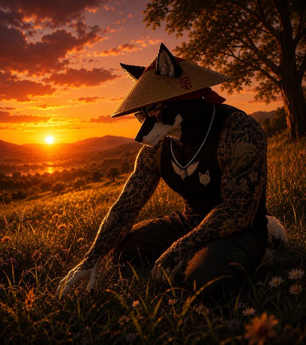 A digital illustration of an anthropomorphic wolf or fox character wearing a straw hat, tank top, and chains, kneeling in a grassy field at sunset.