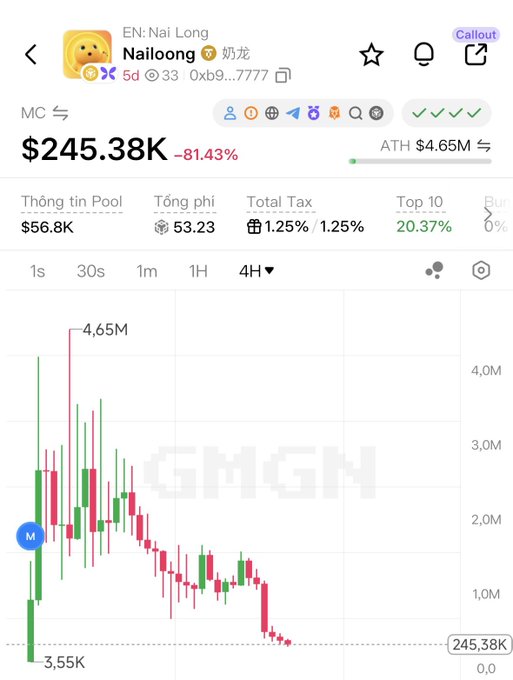 The chart displays the price action of token "Nailoong" ($NAILOONG), showing a dramatic decline from an all-time high (ATH) of $4.65M down to $245.38K—a staggering -81.43% drop, visually representing the "nearly 19x" fall mentioned in the caption. The candlestick pattern illustrates the steep downward trend that the poster warns about for BSC tokens, reinforcing the cautionary message to dodge such charts early.