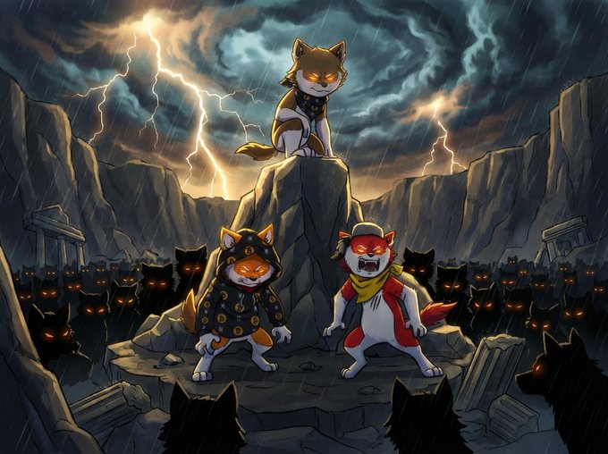 The image features a group of cats, including two dogs, standing together against a dark sky with lightning bolts. One cat is wearing a hoodie while another has a scarf around its neck. The cats are positioned near a large rock formation, which appears to be part of an art project or illustration. The post that accompanies the image reads: "Stay strong Wolf Pack! The best is yet to come $LOBO". This message encourages viewers to stay strong and persevere in their endeavors, just like the characters depicted in the artwork.