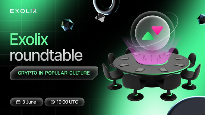 The image features an advertisement for an event called "Exolix Roundtable", which appears to be a gathering of crypto enthusiasts. The main focus of the image is a round table with chairs surrounding it, set against a black background. On this table, there are several objects that could be related to the event or its theme, such as a laptop and a mouse. Additionally, there's a small purple ball in the center of the table, which might symbolize the crypto-currency market or simply serve as an interesting decoration for the event. The image also includes text that reads "Exolix Roundtable", "Crypto in popular culture", and "Focus on what is in the image and how it relates to the post".