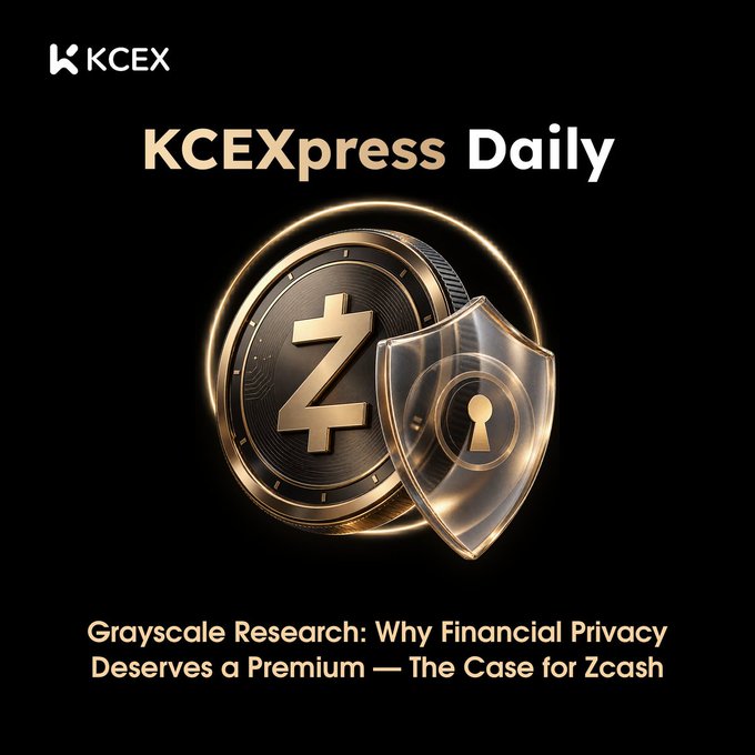 A KCEXpress Daily newsletter graphic featuring a gold Zcash (ZEC) coin with a shield icon, promoting an article titled 'Grayscale Research: Why Financial Privacy Deserves a Premium — The Case for Zcash.'