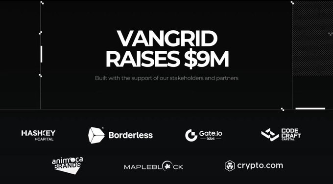 A promotional graphic announcing 'VANGRID RAISES $9M' with logos of investors and supporters like Borderless, Gate.io, HashKey Capital, Mapleblock, Animoca Brands, Crypto.com, and Codecraft Capital.