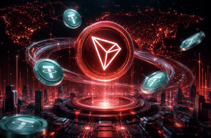 Glowing red Tron (TRX) cryptocurrency coin surrounded by smaller Tether (USDT) tokens floating above a futuristic dark cityscape.