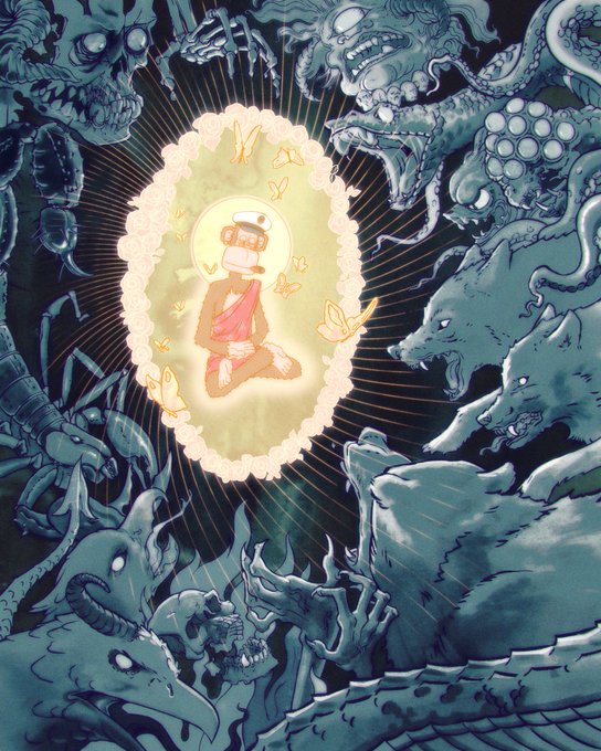 The image features an illustration with a monkey sitting inside a circle surrounded by various creatures such as spiders, bats, and snakes. The monkey appears to be looking up at the sky or a bright light source above them. The scene seems to depict a chaotic and intense environment where the monkey is the only one who remains calm amidst the chaos.

The post about BAYC has been shared by multiple people, with some expressing their love for the monkey while others are critical of it. This indicates that the image has generated quite a bit of discussion and attention on social media platforms.