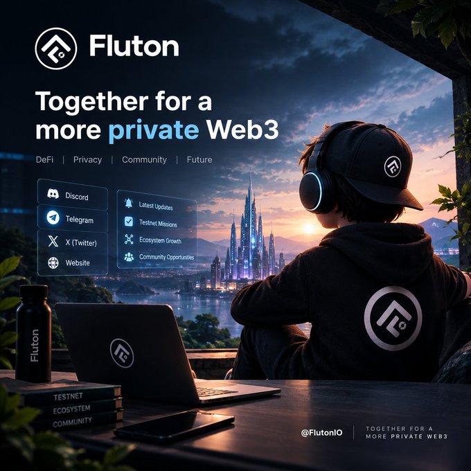 Promotional graphic for 'Fluton' with the tagline 'Together for a more private Web3,' featuring a person wearing a branded cap and hoodie overlooking a futuristic cityscape, with icons for Discord, Telegram, X (Twitter), and Website.