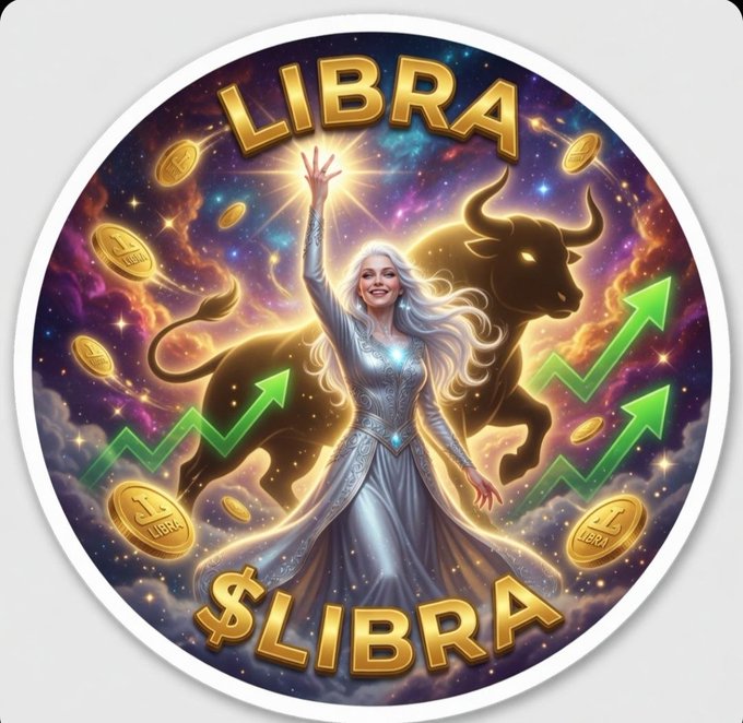 The image features a woman with blonde hair wearing a silver dress standing in front of a bull statue holding up a star. The word "LIBRA" is written above her head, and below her are two coins. The background includes stars and clouds, creating an otherworldly atmosphere. The text "LIBRA TOKEN - LIBRA is a next-generation crypto project built to deliver strong utility, community-driven growth, and long-term value for holders." This suggests that the image might be related to cryptocurrency or token offerings in general.