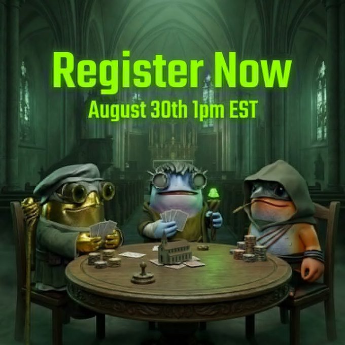 A 'Register Now' promotional image showing frog characters playing poker around a table in a green-lit cathedral setting, with text 'August 30th 1pm EST'.
