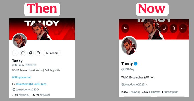 Twitter profile comparison for 'Tanoy' (@0xTanoy) labeled 'Then' and 'Now', showing the profile layout changes over time.