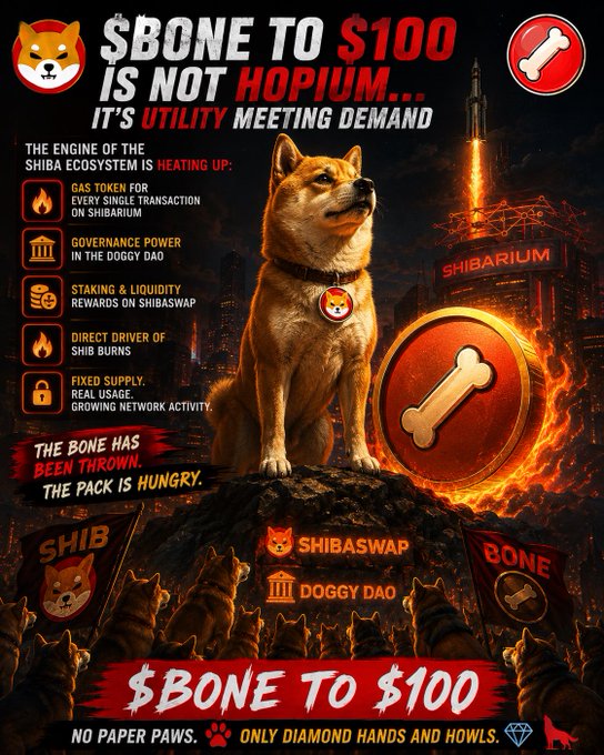 A promotional poster for the $BONE Shiba Inu token featuring a Shiba Inu dog, a bone coin logo, and text including '$BONE TO $100 IS NOT HOPIUM... IT'S UTILITY MEETING DEMAND', 'THE BONE HAS BEEN THROWN. THE PACK IS HUNGRY.', and mentions of 'GAS TOKEN FOR EVERY SINGLE TRANSACTION ON SHIBARIUM', 'GOVERNANCE POWER IN THE DOGGY DAO', and 'STAKING & LIQUIDITY REWARDS ON SHIBASWAP'.