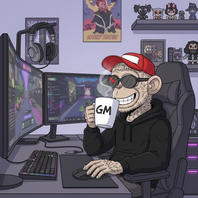 An illustrated NFT-style image of a relaxed monkey wearing a red cap and sunglasses, holding a 'GM' mug at a gaming setup with dual monitors displaying a video game.