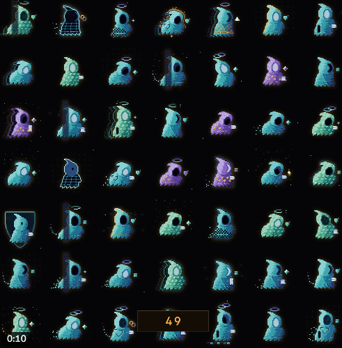 A grid of pixel art ghost-like character sprites in various poses and colors, with a counter at the bottom showing '49' and a timer at '0:10'.