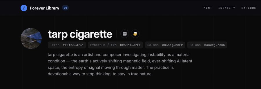 A webpage from Forever Library showing artist profile 'tarp cigarette' with blockchain wallet addresses for Tezos, Ethereum, and Solana, describing their work as investigating instability as a material condition.
