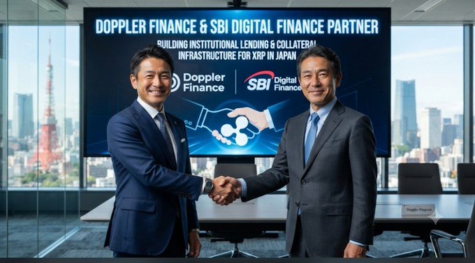 Two businessmen shake hands in a modern Tokyo office, with a presentation screen behind them reading "DOPPLER FINANCE & SBI DIGITAL FINANCE PARTNER: BUILDING INSTITUTIONAL LENDING & COLLATERAL INFRASTRUCTURE FOR XRP IN JAPAN," visually symbolizing the newly announced partnership to develop XRP-backed financial services in Japan.
