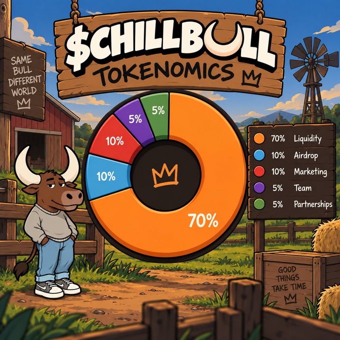 A cartoon-style infographic titled '$CHILLBULL TOKENOMICS' showing a pie chart breakdown (70% Liquidity, 10% Airdrop, 10% Marketing, 5% Team, 5% Partnerships) with a bull character in a farm setting.