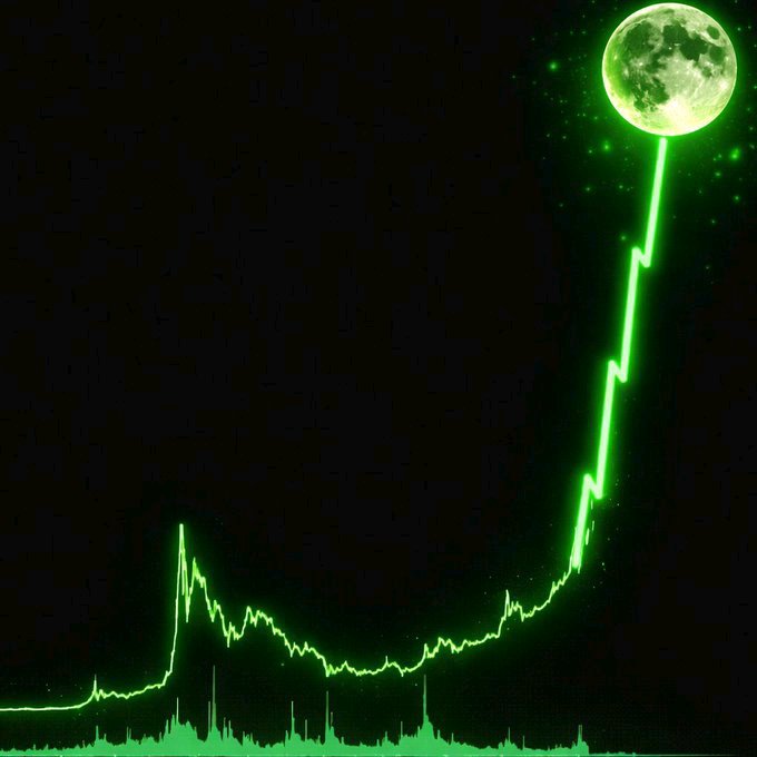 A glowing green digital line chart ascends sharply toward a luminous green moon, set against a dark starry background.