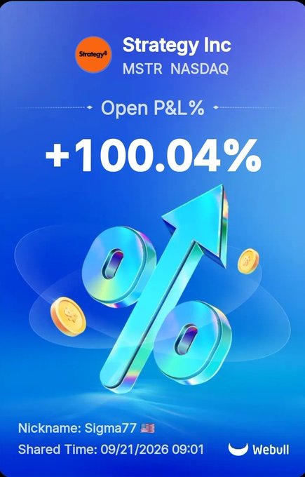 A Webull trading screenshot showing Strategy Inc (MSTR) NASDAQ with an Open P&L of +100.04%, shared by user 'Sigma77' on 09/21/2026.