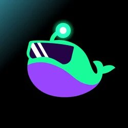 A small green and purple cartoon whale character with sunglasses and an antenna on its head, appearing against a black background.