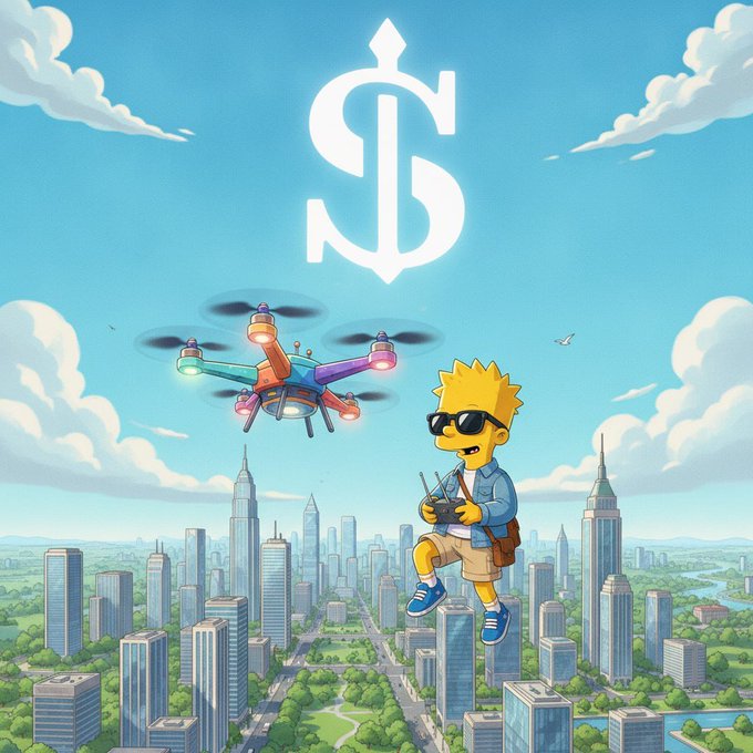 A cartoon illustration featuring Bart Simpson wearing sunglasses and piloting a colorful drone over a city skyline, with a dollar sign symbol in the sky above.
