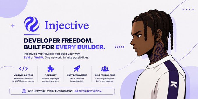 An advertisement for Injective stating 'DEVELOPER FREEDOM. BUILT FOR EVERY BUILDER,' highlighting MultiVM support (EVM or WASM), flexibility, easy deployment, and built-for-builders features alongside an illustrated character with braided hair.